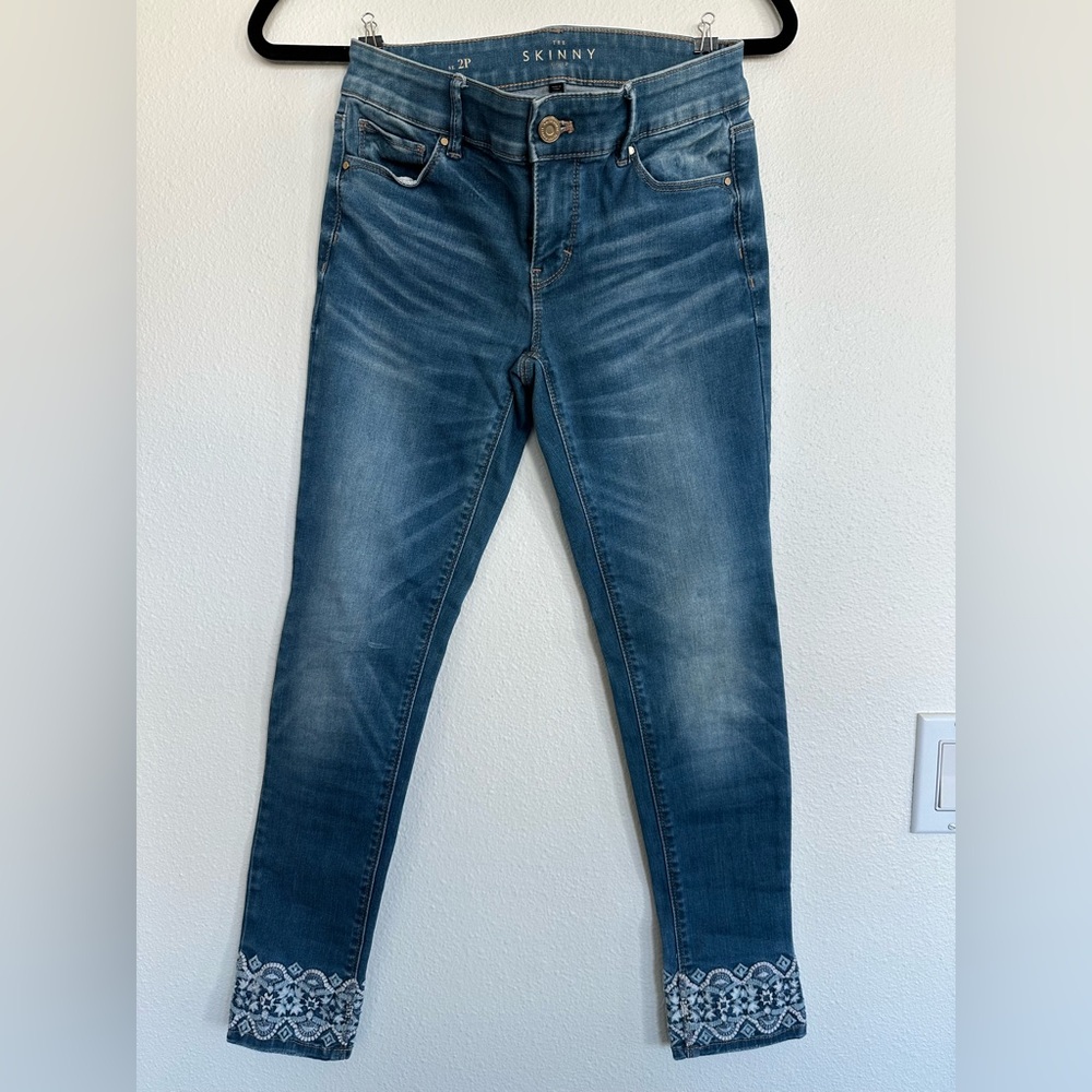 White House Black Market Blue Skinny Crop Jeans with Embroidered Hem